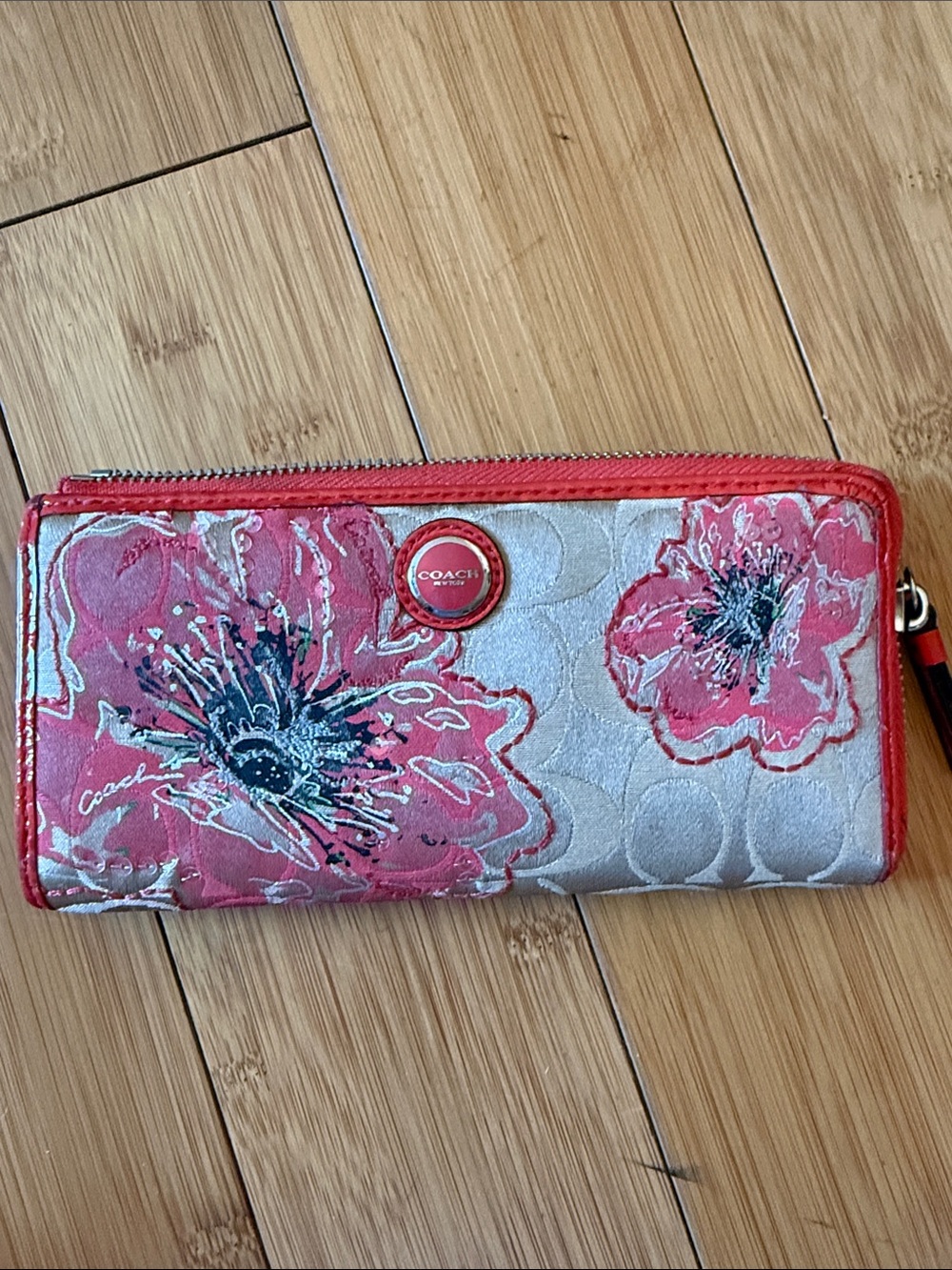 Coach Floral Zip Wallet in Peach and Silver Accents